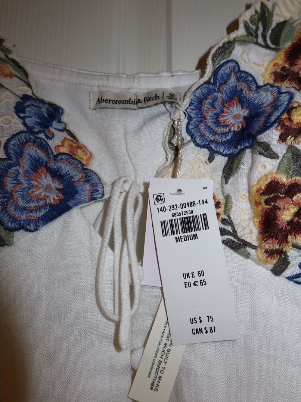 Abercrombie & Fitch White Linen Cami with Blue and Brown Floral Embroidery - Picture 3 of 4